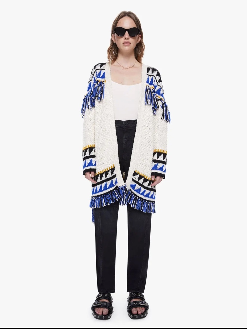 MOTHER White Fringe Cardigan with Blue, Black & Yellow Accents